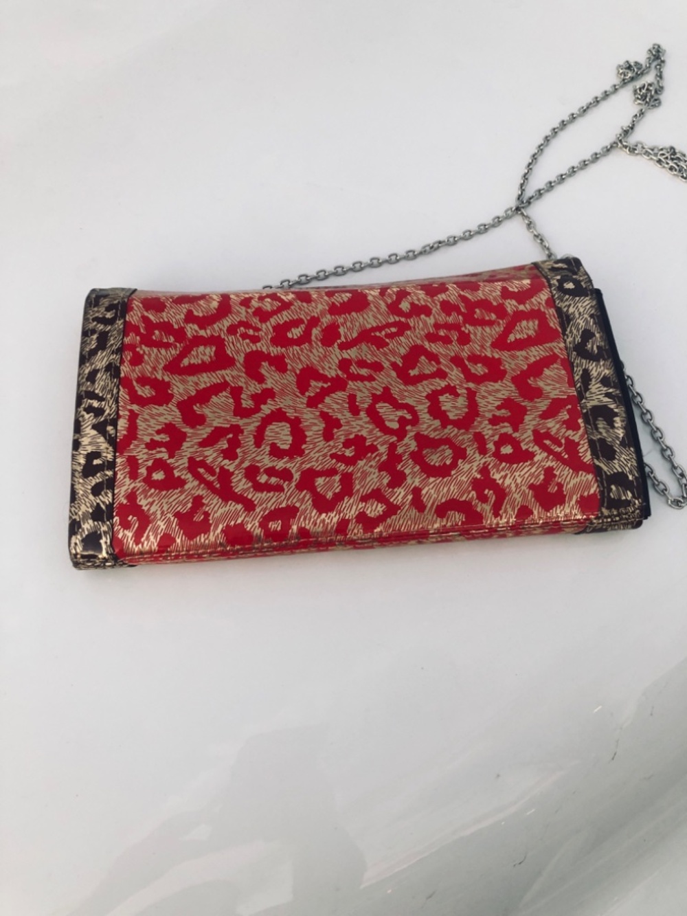 Red with Animal Print  Shoulder Bag with Silver Hardware  Removable Strap Snap C - Picture 2 of 3